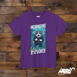 Meowrine Explorer T-Shirt: Funny Scuba Diving Cat Graphic Tee Purple