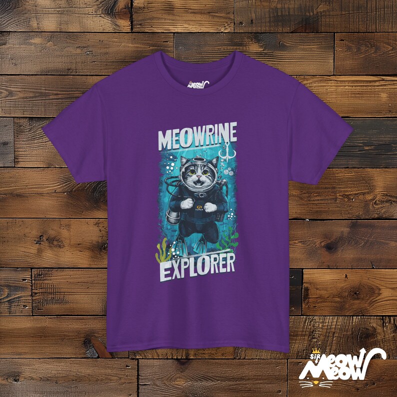 Meowrine Explorer T-Shirt: Funny Scuba Diving Cat Graphic Tee Purple
