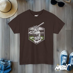 Funny Softball Cat Graphic T-Shirt: Quirky Sports Apparel Dark Chocolate