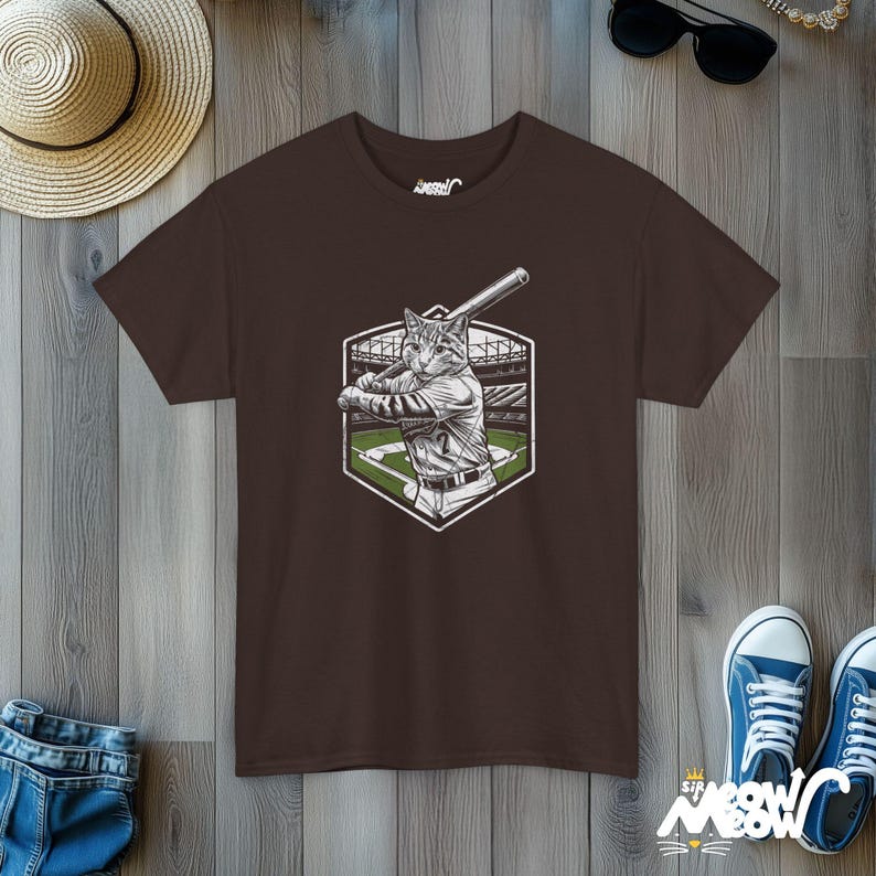 Funny Softball Cat Graphic T-Shirt: Quirky Sports Apparel Dark Chocolate