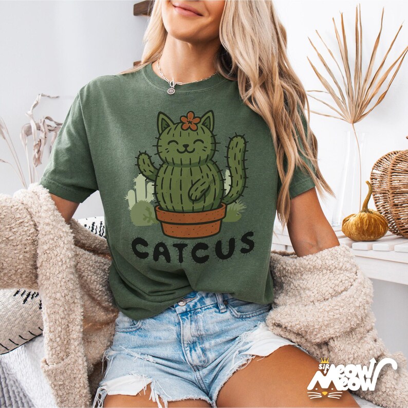 Funny Cactus Cat Graphic T-Shirt – Plant Lover Pun Tee Moss