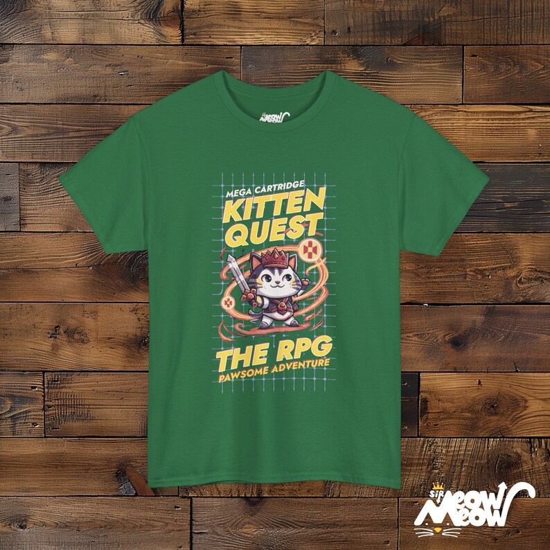 Kitten Quest RPG T-Shirt: Gamer Cat Tee, Pawsome Adventure Graphic Turf Green