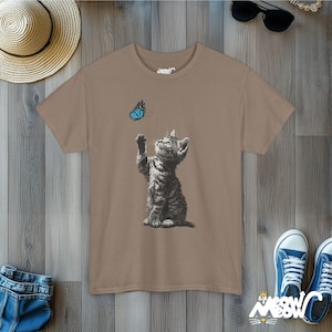Kitten and Butterfly Graphic T-Shirt, Cat Lover Tee Brown Savana