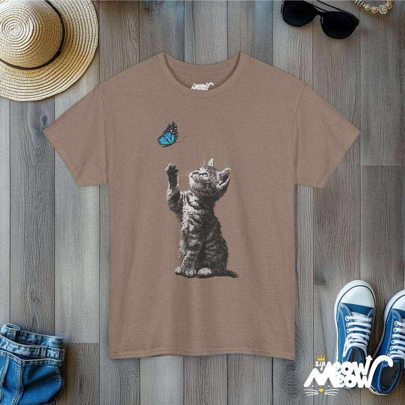 Kitten and Butterfly Graphic T-Shirt, Cat Lover Tee Brown Savana