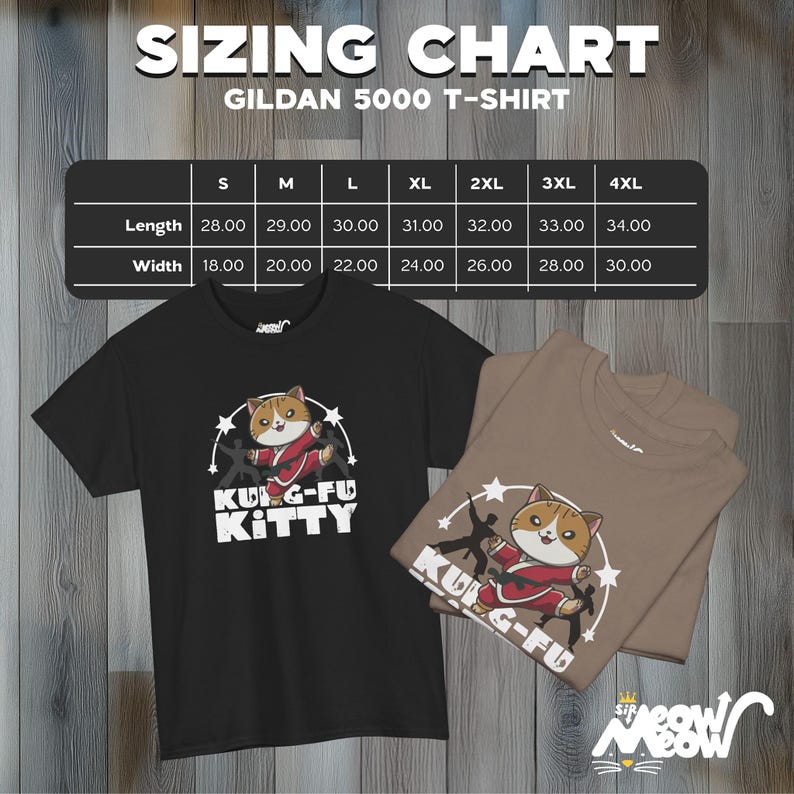 May include: Sizing chart for a Gildan 5000 t-shirt with measurements in inches for length and width. The chart shows sizes from S to 4XL. The image also shows a black t-shirt with a cartoon cat doing kung fu and the text "Kung-Fu Kitty".