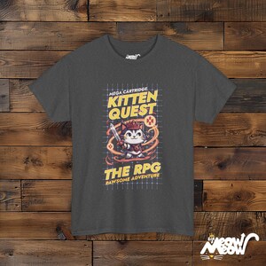 Kitten Quest RPG T-Shirt: Gamer Cat Tee, Pawsome Adventure Graphic Dark Heather
