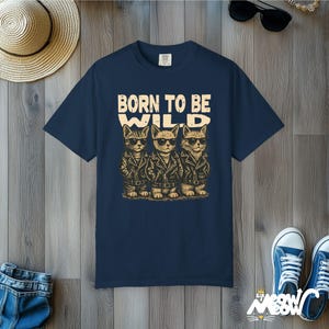 Camiseta retro de gatos moteros: camiseta gráfica "Born to Be Wild" True Navy