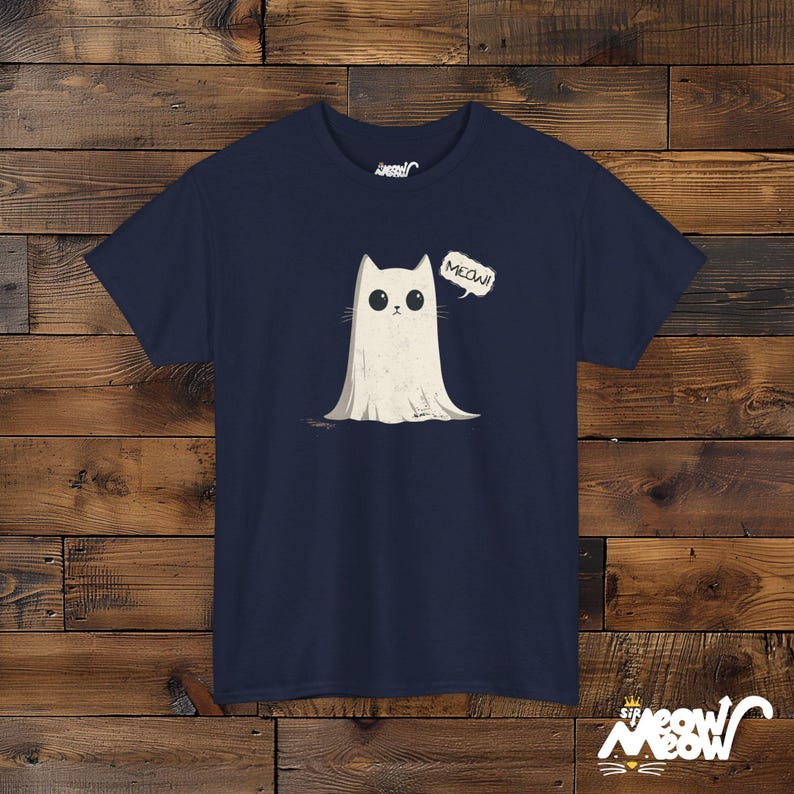 Ghost Cat T-Shirt: Meow-loween Unisex Tee Navy
