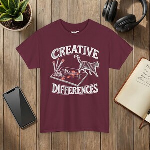 Creative Differences Cat T-Shirt, Funny Artist Cat and Paw Prints, Art Lover Gift, Gildan 5000 Maroon