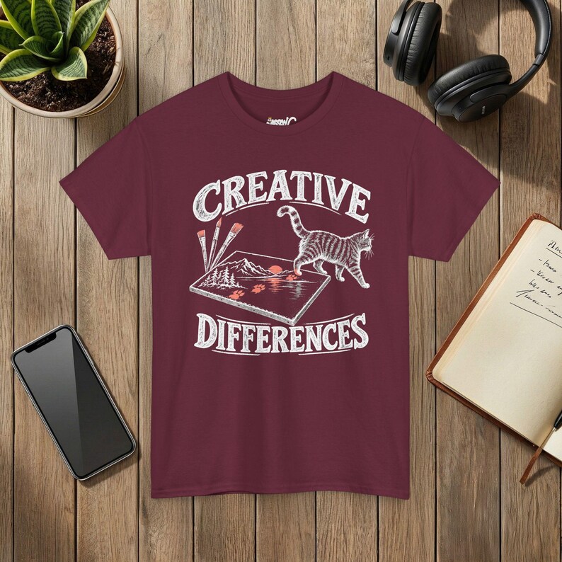 Creative Differences Cat T-Shirt, Funny Artist Cat and Paw Prints, Art Lover Gift, Gildan 5000 Maroon