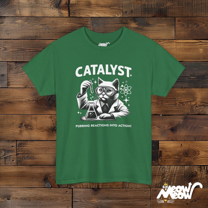 Funny Cat Scientist T-Shirt: Catalyst Unisex Tee, Science Lover Gift Turf Green