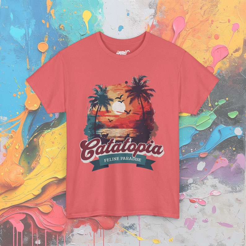 Catatopia T-Shirt, Tropical Cat Paradise Tee, Feline Lover Beach Shirt, Casual Vacation Top Coral Silk