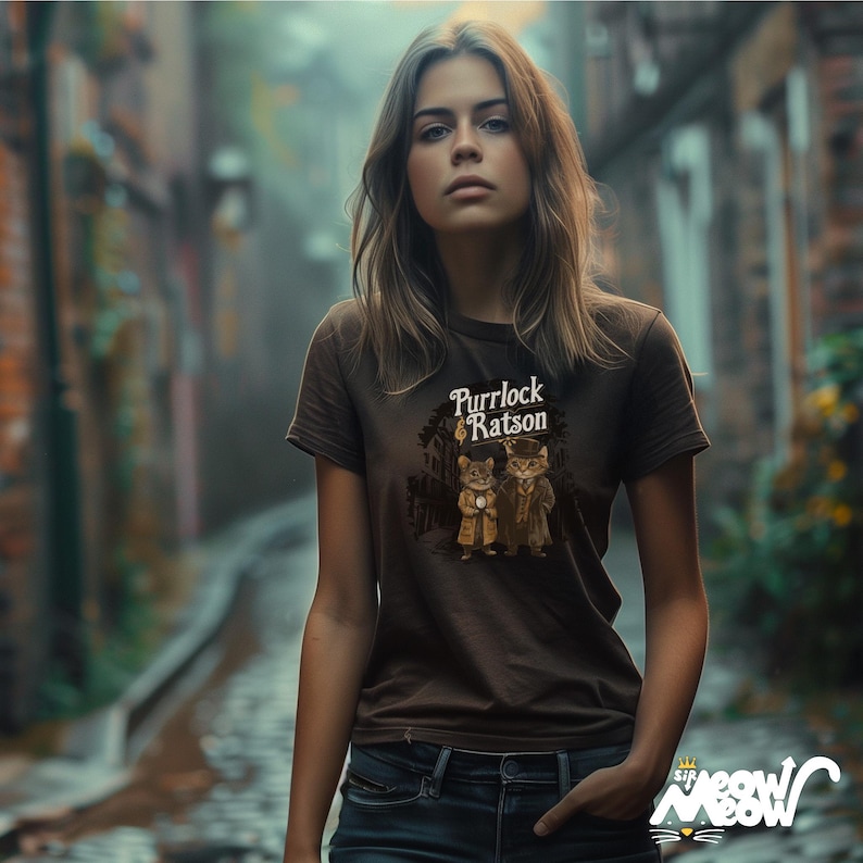 Puede incluir: Una camiseta marr&oacute;n con un gr&aacute;fico de dos gatos con sombreros y el texto "Purrlock & Ratson".