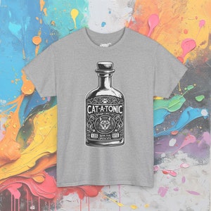 Cat-A-Tonic T-Shirt: Vintage Bottle Graphic, Funny Cat Pun image 5