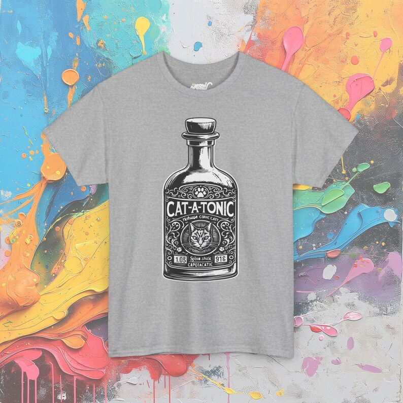 Cat-A-Tonic T-Shirt: Vintage Bottle Graphic, Funny Cat Pun image 5