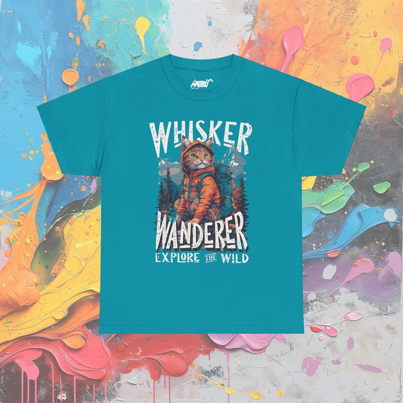 Whisker Wanderer Cat T-Shirt: Adventure Kitty Explore Tee Tropical Blue