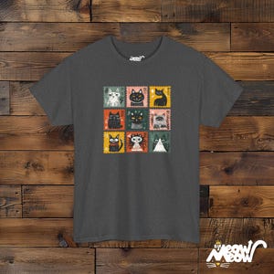 Retro Stamp Cat Grid T-Shirt: Kawaii Nine Cats Graphic Dark Heather