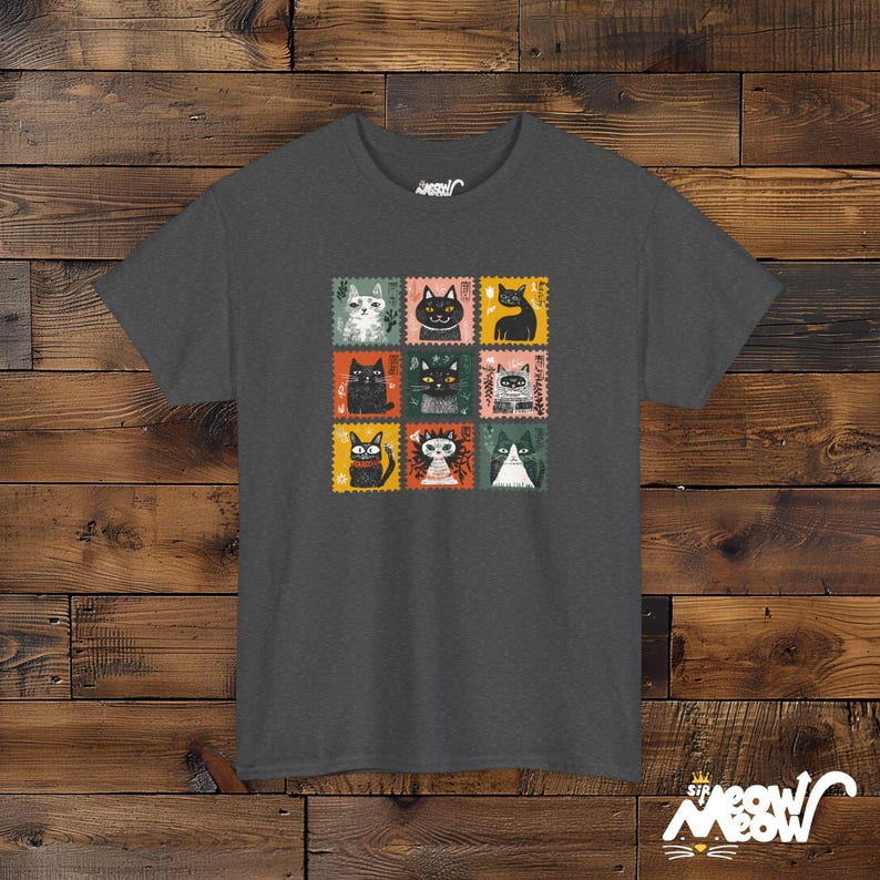 Retro Stamp Cat Grid T-Shirt: Kawaii Nine Cats Graphic Dark Heather