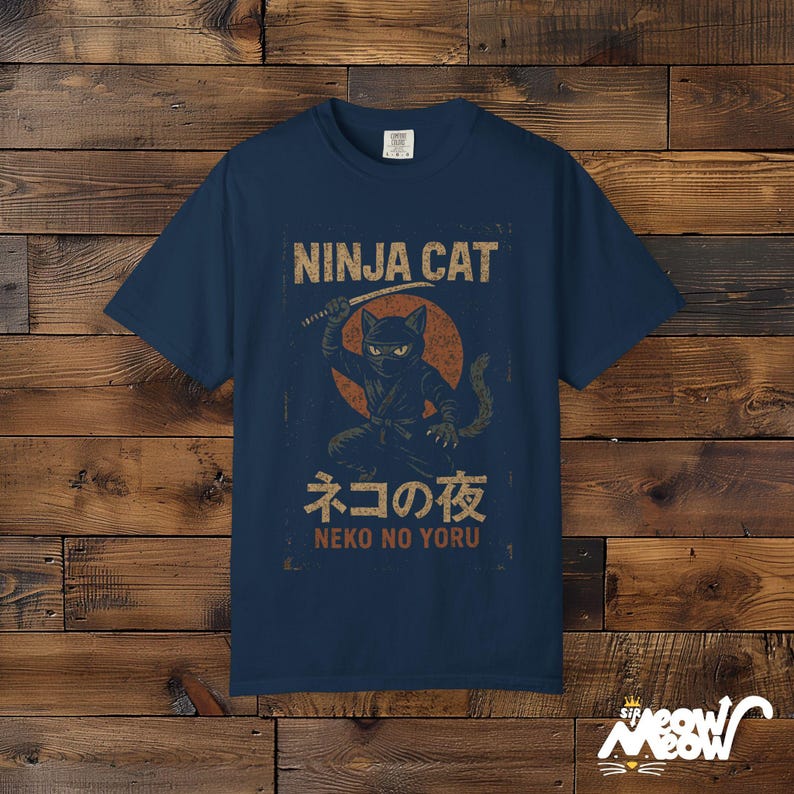 Comfort Colors Ninja Cat T-Shirt: Japanese Samurai Design True Navy