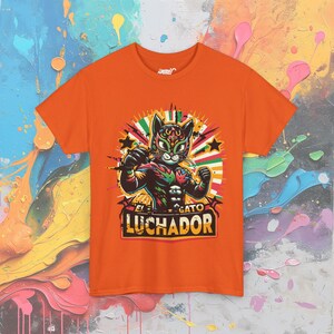 Wrestling Cat Shirt, El Gato Luchador T-Shirt, Lucha Libre Inspired Mexican Wrestler Cat Orange