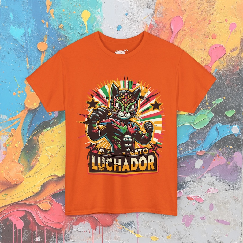 Wrestling Cat Shirt, El Gato Luchador T-Shirt, Lucha Libre Inspired Mexican Wrestler Cat Orange