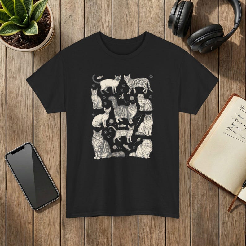 Vintage 90s Cat Breed T-Shirt: Retro Tattoo Style Black
