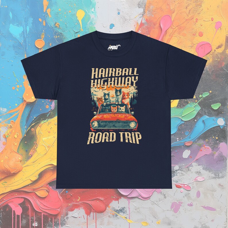 Hairball Highway Road Trip T-shirt: Cat Lover Adventure-T-shirt Navy