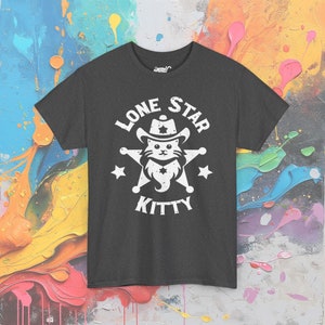 Kat T-shirt met Texas-thema, leuk katachtig grafisch T-shirt, casual westerse kleding, uniek cadeau voor huisdierenliefhebbers Dark Heather