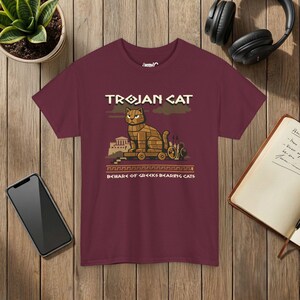 Trojan Cat Shirt, Funny Greek Mythology History Tee, Ancient Greece Cat Lover Gift Maroon