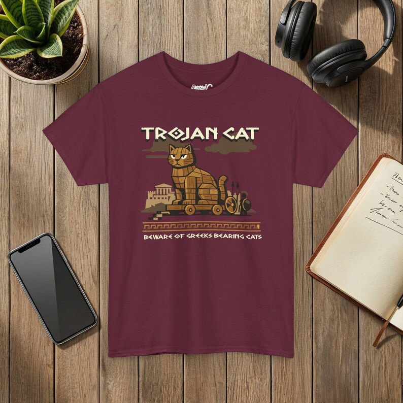 Trojan Cat Shirt, Funny Greek Mythology History Tee, Ancient Greece Cat Lover Gift Maroon