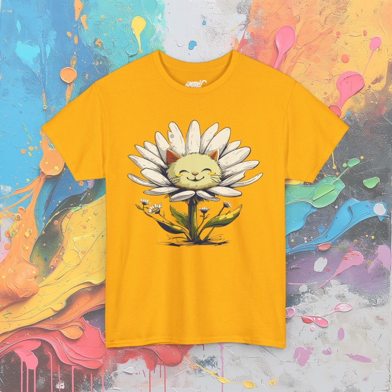 サンシャインデイジーキャットTシャツ：ハッピーネコフラワーTシャツ Gold