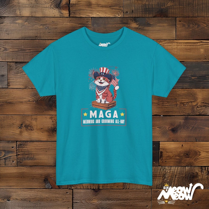 Patriotic Cat T-Shirt: Funny MAGA Meowing Design, Unisex Tee Tropical Blue