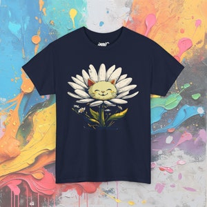 サンシャインデイジーキャットTシャツ：ハッピーネコフラワーTシャツ Navy