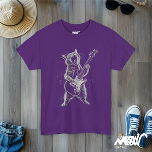Rockin' Cat T-Shirt - Funny Guitar Playing Cat Design - Music Lover Gift Purple