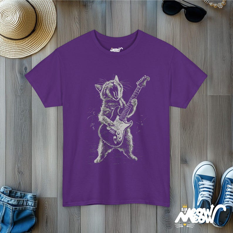 Rockin' Cat T-Shirt - Funny Guitar Playing Cat Design - Music Lover Gift Purple