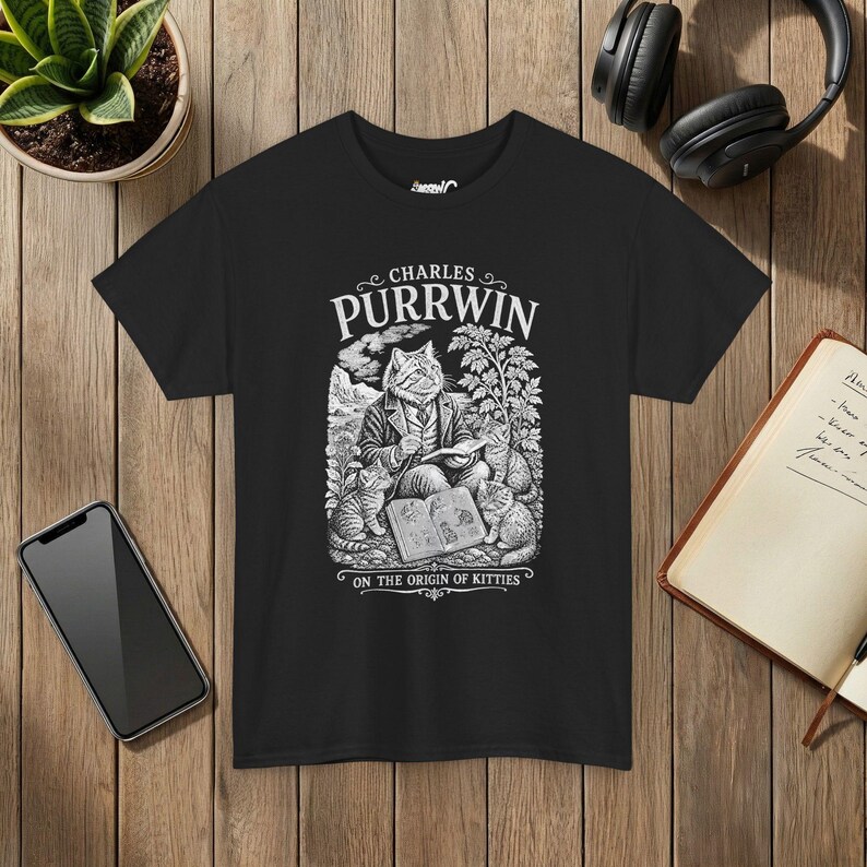 Camiseta Charles Purrwin sobre a Evolução dos Gatos, Estilo Gravura Vitoriana, Presente para Professor de Biologia imagem 4