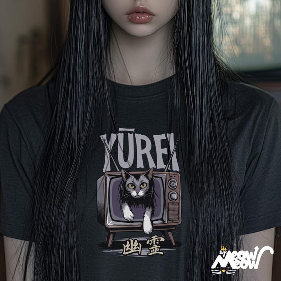 Creepy Yurei Cat Emerging from TV, Horror-Inspired Cat Unisex T-shirt, Ghostly Halloween Feline Vibes