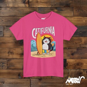 Catifurnia Unisex Shirt: Fun Surfing Cat Design, Beach Lover Gift Heliconia