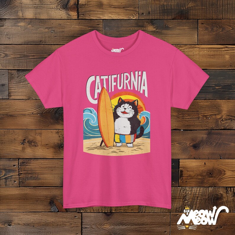 Catifurnia Unisex Shirt: Fun Surfing Cat Design, Beach Lover Gift Heliconia