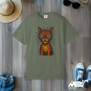 Retro Woodcut Cat T-Shirt: Scruffy Comfort Colors Tee Moss