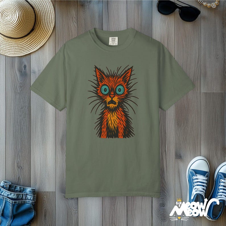 Retro Woodcut Cat T-Shirt: Scruffy Comfort Colors Tee Moss