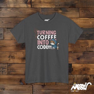 Turning Coffee Into Code Cat Programmer T-Shirt - Funny Gift for Coders and Coffee Lovers Dark Heather
