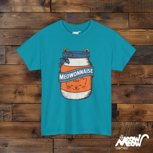 Meowonnaise T-Shirt: Funny Cat Mayonnaise Jar Unisex Tee Tropical Blue
