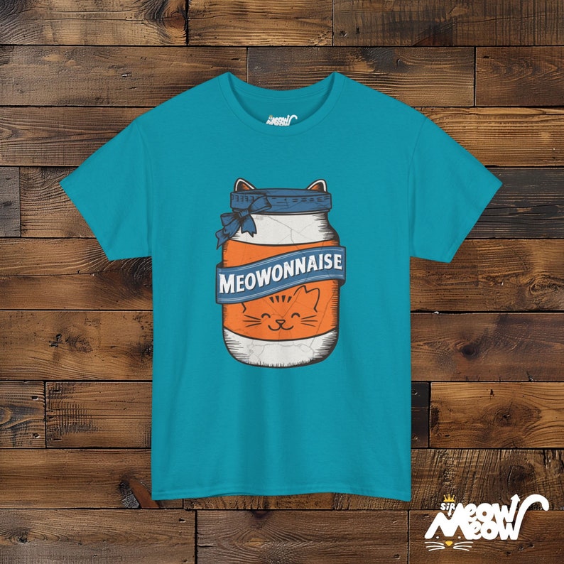 Meowonnaise T-Shirt: Funny Cat Mayonnaise Jar Unisex Tee Tropical Blue