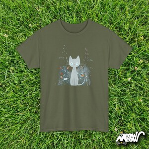 Floral Cat T-Shirt: Wildflower Nature-Inspired Unisex Tee Military Green