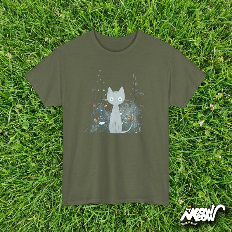 Floral Cat T-Shirt: Wildflower Nature-Inspired Unisex Tee Military Green