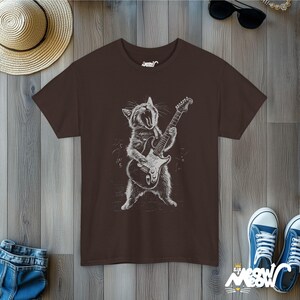 Rockin' Cat T-Shirt - Funny Guitar Playing Cat Design - Music Lover Gift Dark Chocolate