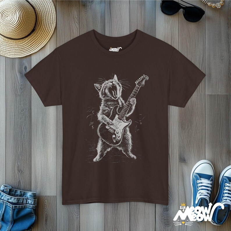 Rockin' Cat T-Shirt - Funny Guitar Playing Cat Design - Music Lover Gift Dark Chocolate