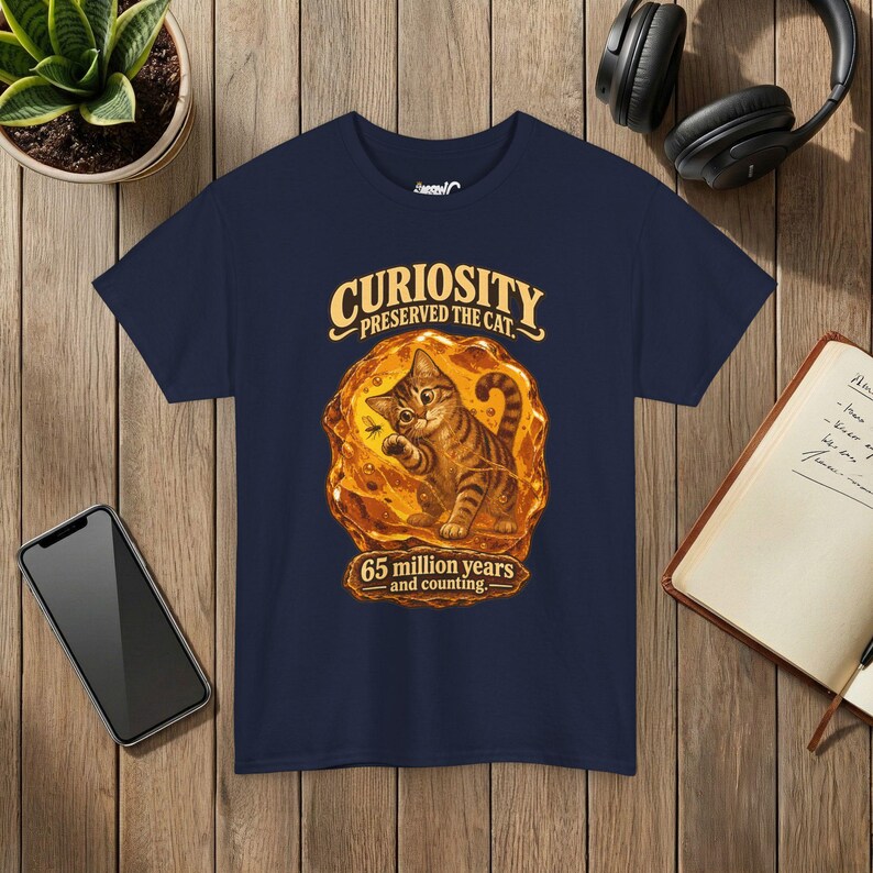 Curiosity Preserved the Cat T-Shirt, Funny Cat in Amber, Science Lover Gift Navy