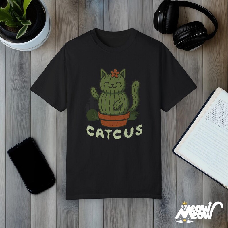 Funny Cactus Cat Graphic T-Shirt – Plant Lover Pun Tee Black